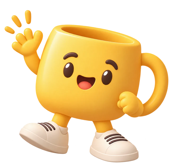 Promi, a cheerful yellow mug in sneakers, waving