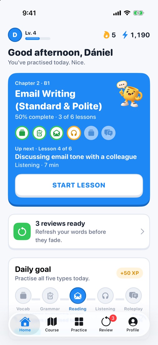Promi home screen: today's lesson, streak and daily goal